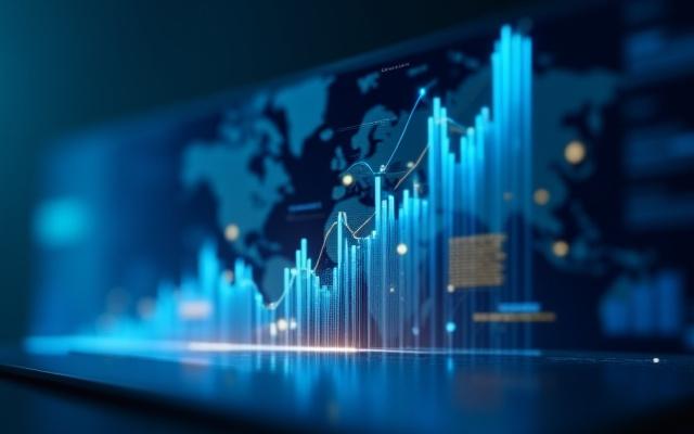 Abstract data visualization showing upward trends and market indicators on a digital screen.